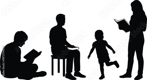 Family reading silhouettes set, parents children education activities poses, learning lifestyle concept, black isolated human figures illustration
