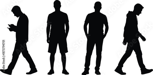 Male casual silhouettes collection, standing walking texting poses, modern everyday men lifestyle actions, black isolated human figures illustration