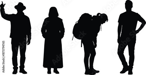 People lifestyle silhouettes set, traveler backpacker casual standing poses, men women characters, black isolated human figures illustration