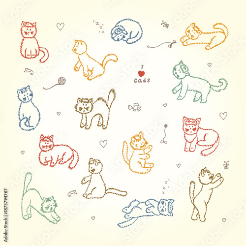 Pets. Colored Cats Vector Set. Hand Drawn Doodle fluffy Kittens