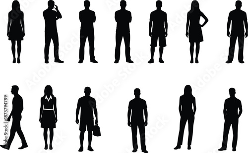 People silhouette icon set showing men and women standing walking and posing in various everyday postures for design use