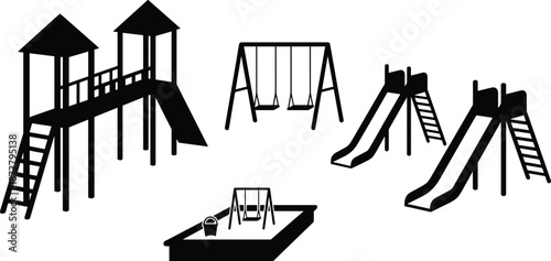Playground equipment silhouette set featuring slides, swings, climbing structures, and sandbox elements, ideal for park design, kids recreation concepts, safety signage, and outdoor illustrations