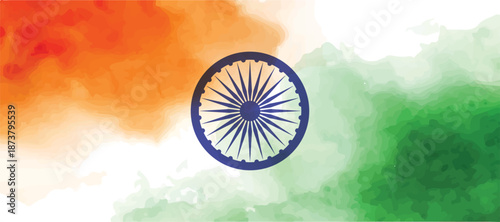 Indian Flag Watercolor with Ashok Chakra Landscape Background.