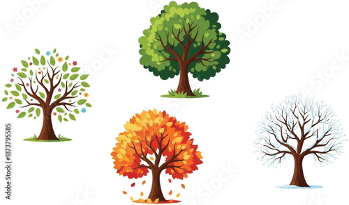 Trees in different seasons depicted in a stylized illustration from a straightforward viewpoint