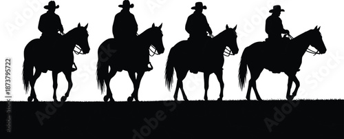 Western cowboy riding horse silhouette scene showing multiple riders walking together on horizon line, black equestrian vector illustration isolated on white background