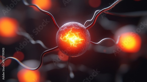 A 3D rendering of a neuron with a bright orange nucleus and a network of black and red wires.
