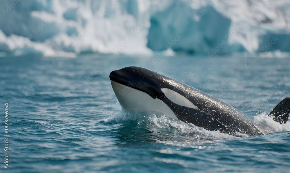 Naklejka premium massive orca breaching directly toward the camera