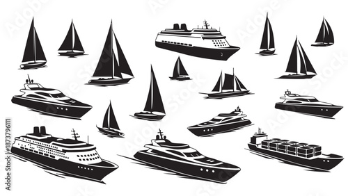 Collection of diverse sailboats and yachts Vector, illustration
