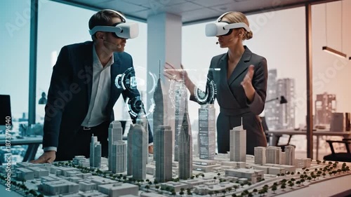 VR Architecture Preview: Two professionals, immersed in virtual reality, explore a detailed architectural model, seamlessly blending the physical and digital realms.