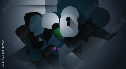 Mysterious Dark Abstract Background with Keyhole Silhouette and a Glowing Green Eye in Shadows