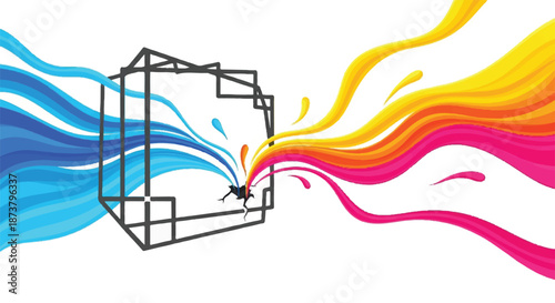 Creative Concept of Vibrant Rainbow Liquid Splashing Out from a Wireframe Cube on White Background