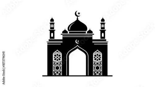 Silhouette of a mosque with minarets and dome Islamic architecture symbol for Ramadan and Eid celebrations isolated on white background