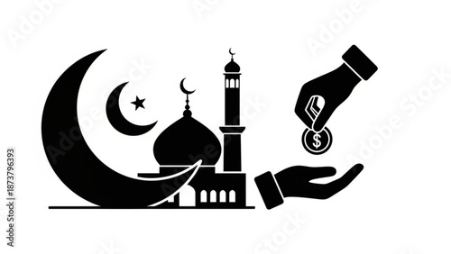 Islamic charity concept mosque and crescent moon with hand giving donation vector illustration for zakat and sadaqah