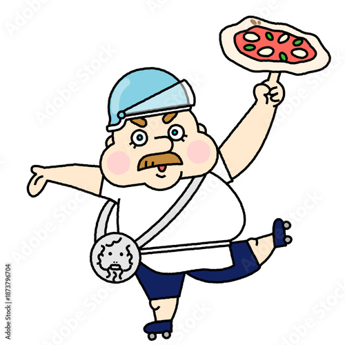 ピザを持ってバランス良くポーズを決める職人のイラスト