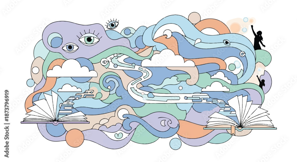Obraz premium Surreal Doodle Art Landscape with Floating Eyes, Clouds, and a Flowing River in Pastel Colors