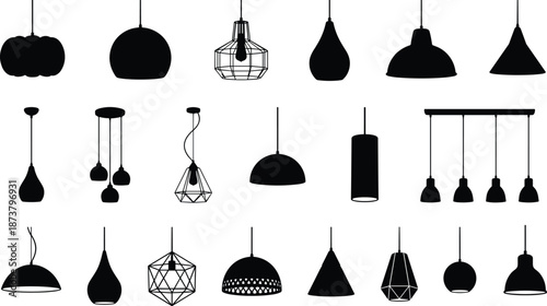 Contemporary pendant light silhouettes set with hanging ceiling lamps, modern lighting fixtures, minimalist black vector illustration for interior design, home decor and architectural concepts