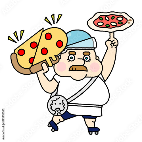 ピザを落としそうになり慌てる職人風キャラクターのコミカルなイラスト