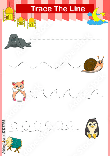 Handwriting Practice. Tracing lines for kids with animals. Vector Illustration