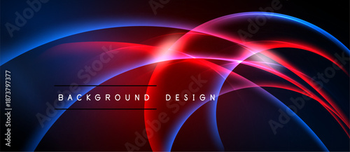 Abstract design features vibrant blue, red curves. Dark background enhances glowing effect. Modern, dynamic composition.