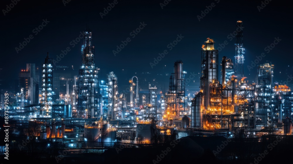 Fototapeta premium Industrial complex lit up at night