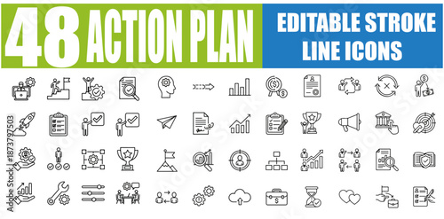 Action Plan Line Editable Icons Set - Analysis, Strategy, Tasks, Goal, Scheme, Timeline, Workflow, Check, Planning, Execution, Project Management, Milestone and More - Vector Illustration for Web and 