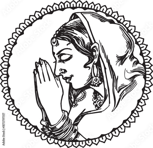 Black and white sketch of traditional indian woman namaste greeting isolated on white background