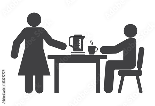 woman give kettle with tea cup on table to man cafe icon