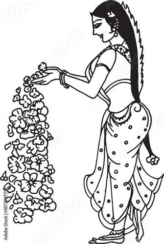 Traditional indian woman performing a sacred ritual by offering beautiful flowers isolated on transparent background, isolated on white background, Vector, illustration.