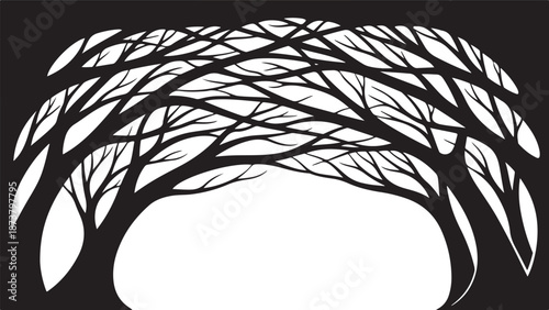 Moody dark enchanted forest silhouette featuring dense trees, mysterious woodland shapes, and a magical atmosphere