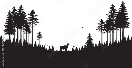 Moody dark enchanted forest silhouette featuring dense trees, mysterious woodland shapes, and a magical atmosphere