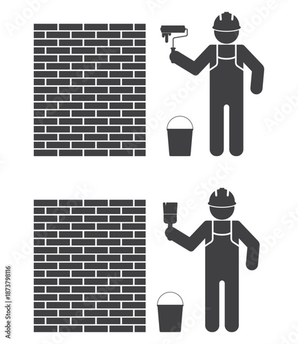 worker with paint roller and brush work with brick wall icon
