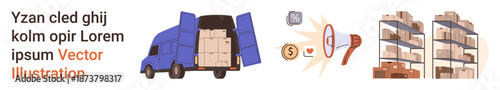 Logistics, supply chain, e-commerce, delivery services, packaging, inventory management. Blue delivery truck with open rear, magnifying glass with coins and warehouse shelves. Logistics and supply