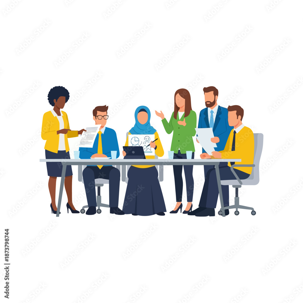 Fototapeta premium Diverse business professionals collaborating in a meeting, discussing documents and data around a table.