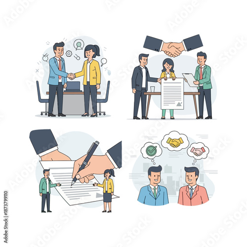 Four illustrative scenes depicting business professionals engaging in collaboration, handshake agreements, contract signing, and negotiation processes.