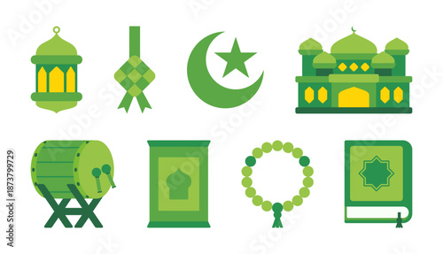 A collection of Islamic decorative elements, illustration of mosque, lantern, the Quran, and traditional ornaments.