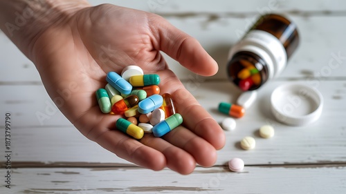 Hand holding assorted colorful pills medication treatment healthcare