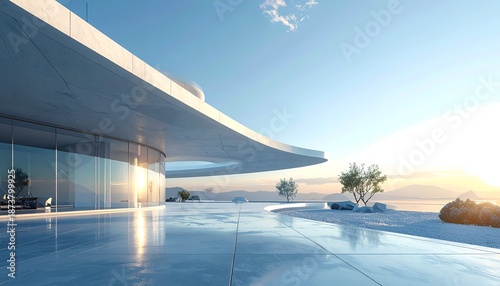 Modern coastal home with expansive patio overlooking sea at dawn