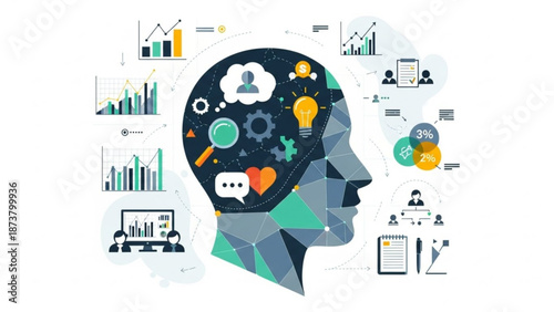 Abstract human head profile with data analytics charts and icons representing business intelligence and cognitive processes vector illustration