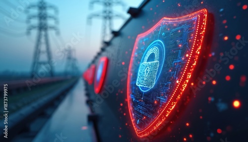 Digital shield locks power grid with cyber security. Electrical towers stand behind glowing protection symbols representing energy infrastructure defense. Secure data transfer and power supply.