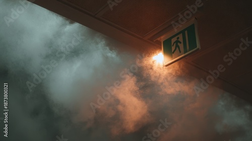 An emergency exit sign lights up as a figure runs through smoke and dim light in a building. This scene represents urgency and the need for evacuation during a fire