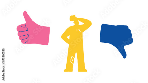 A cartoon man stands between a thumbs up and a thumbs down