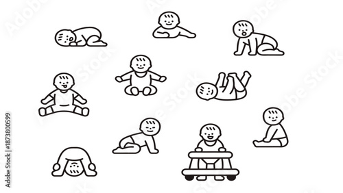A playful illustration of babies in various poses and colors on a white background