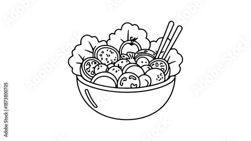 Three colorful bowls of salad with chopsticks on a white background