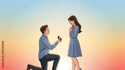 Man Proposing to Woman on One Knee with Ring during Sunset Illustration