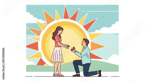 Man Proposing to Woman with Ring in Front of Cartoon Sun Symbolizing Love
