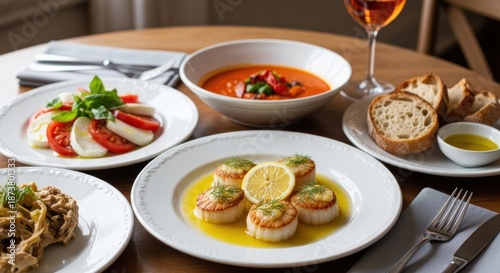 Wallpaper Mural Elegant Restaurant Table Displaying Seared Scallops Soup Caprese Salad Pasta and Bread Offering Exquisite Dining Experience with Various Appetizing Dishes Torontodigital.ca