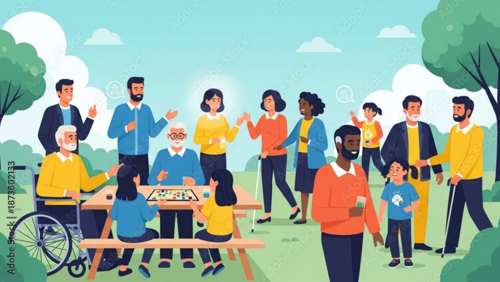 Fototapeta premium Diverse group of people enjoying a picnic and board games in a park representing community and outdoor recreation flat illustration style