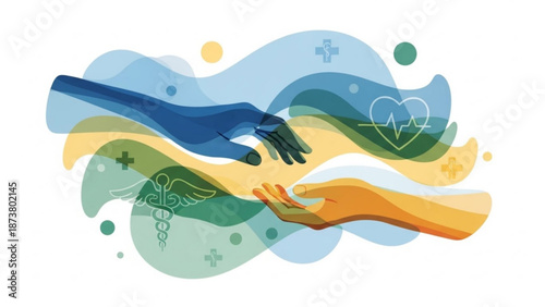 Two hands reaching for each other symbolizing healthcare support and connection with medical icons and abstract shapes on a white background