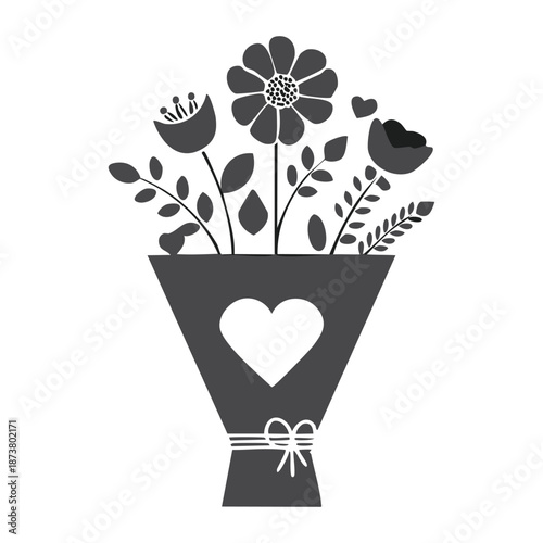 Elegant black and white vector illustration of a floral heart bouquet for a romantic Valentine day wedding card or spring nature celebration design