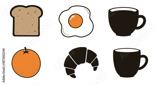 Breakfast food icons including bread, egg, orange, and coffee cup  